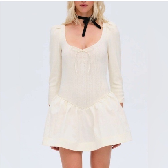 rareraw Dresses & Skirts - 511. Sheer Lace Puff Shoulder Balloon Skirt Dress Cream